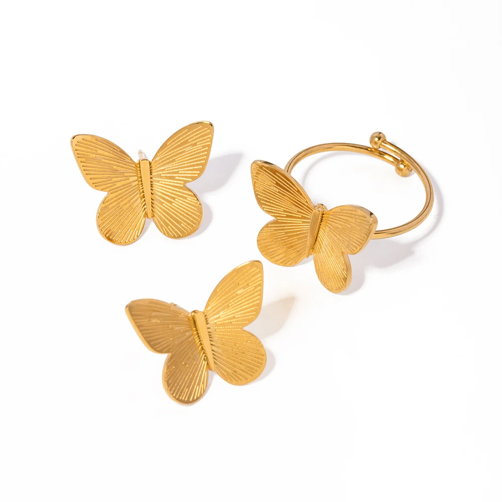 

J&D Jewelry Simple 18K Gold Plated Stainless Steel Texture Butterfly Stud Earring Open Rings