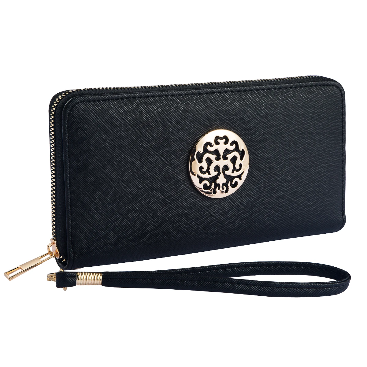 

Women Classical Wristlet Wallet Purse RFID Handbag Double Zipper Around with Detachable Strap