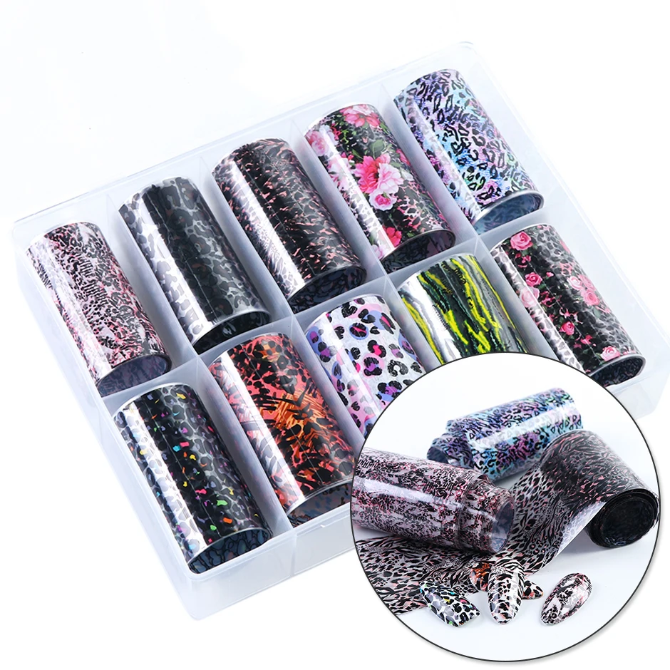 

10 Types/Box Trendy Shinning Starry Sky Nail Art Transfer Slider Leopard Printing Flower Holographic Foil Nail Sticker Set