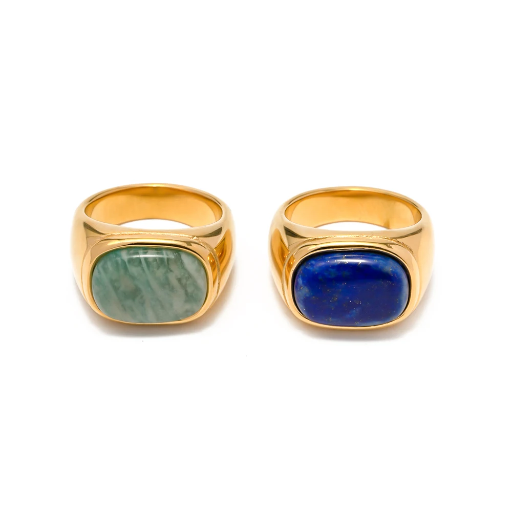 

18K Gold Plate Exaggerated Lapis Green Agate Inlaid Rings Jewelry Fashion Retro Style Pair Geometric Ring