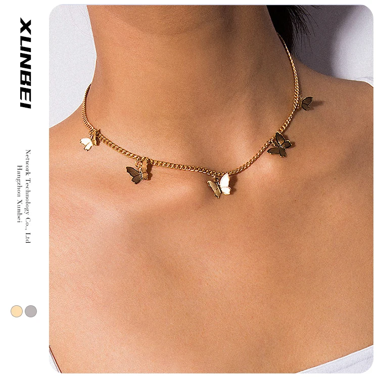 

2021 wholesale trendy Fashion clavicle collar jewelry gold sliver plated chain butterfly choker necklace choker for women, Gold;caould be customized