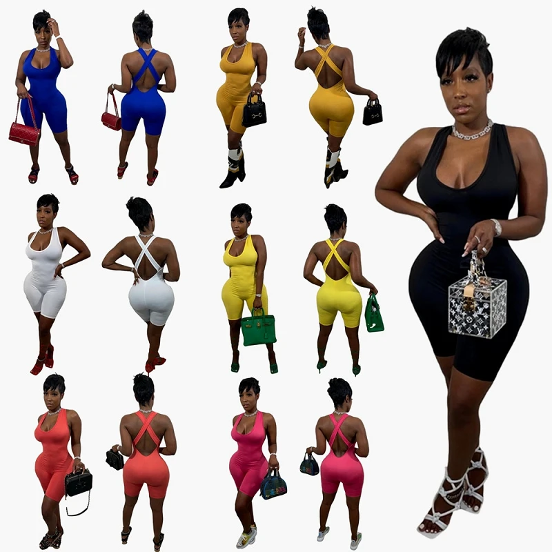 

EB-20041006 Designers jumpsuit hot products summer short jumpsuit Sexy sling vest solid jumpsuit