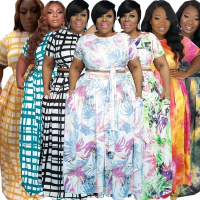 

Factory wholesale loose stretch women's long digital printed two piece set women sexy plus size dress