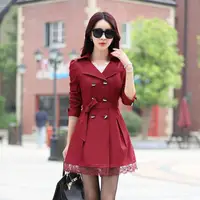 

2019 autumn women slim long lapel collar trench coat with lace