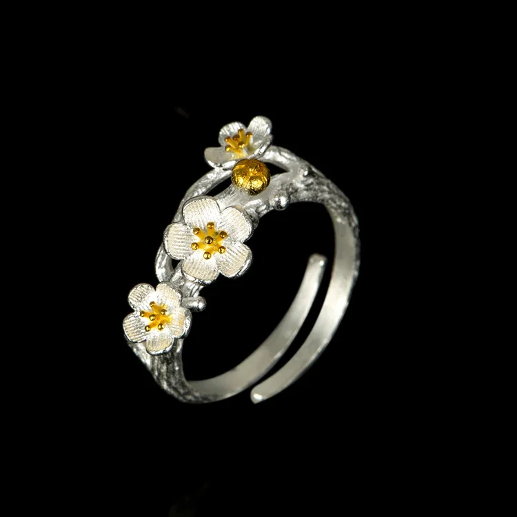 925 Sterling Silver Open ring flower gold plated ring Korean jewelry wholesale personalized versatile piece