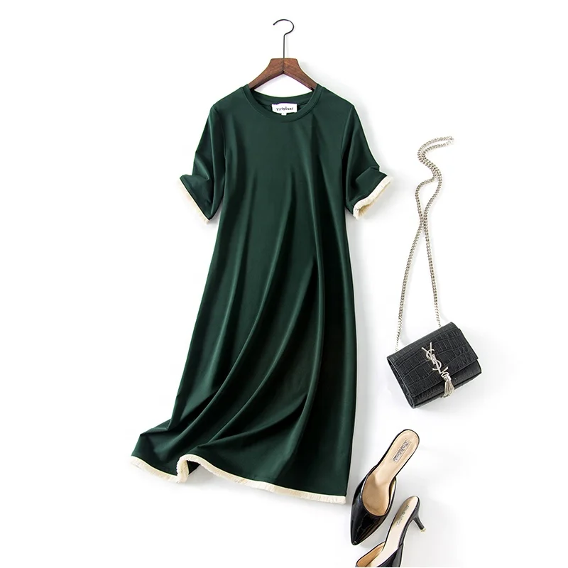 2020 Green Black Casual Elegant Knee-Length Ladies T Dresses Plus Size Clothes Women
