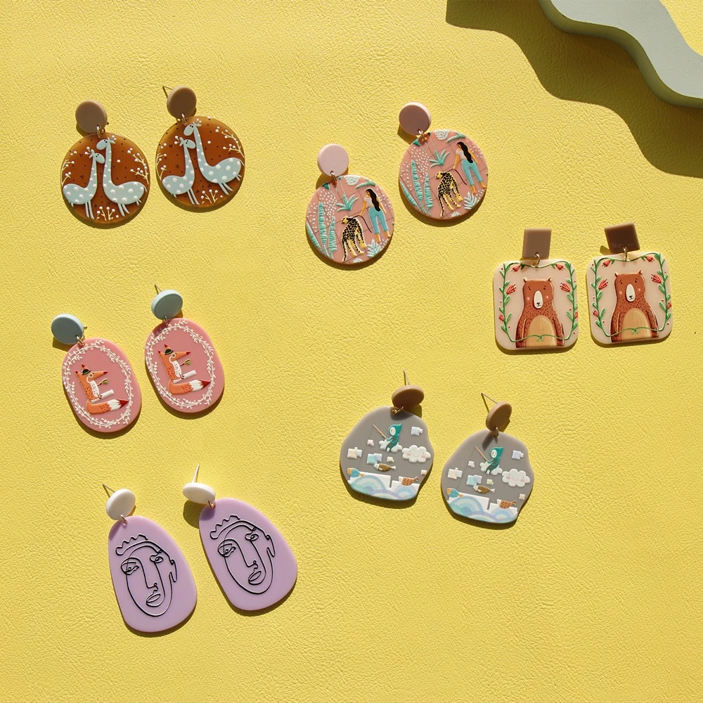 

JUHU Fashion Design Printed Acrylic Simple Stud Earrings for Women Exaggerated Geometric Jewelry Wedding Party Girl Earrings, Colorful