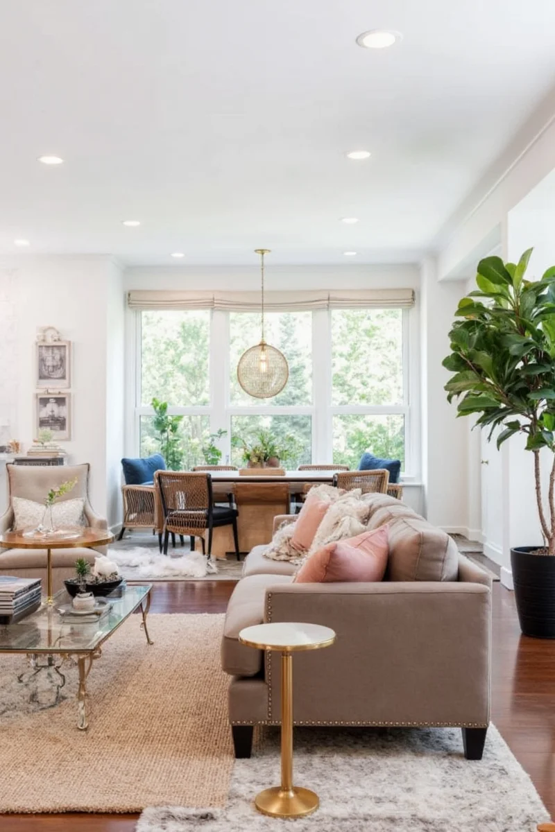 Soft blue living room with white accents and natural wood tones