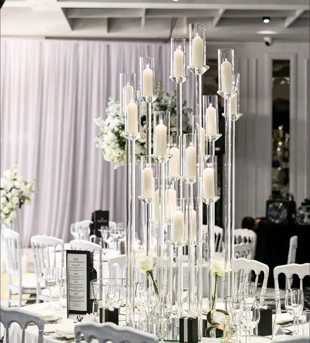10 Arms Clear Glass Tubes Crystal Candelabra Tall Wedding Table