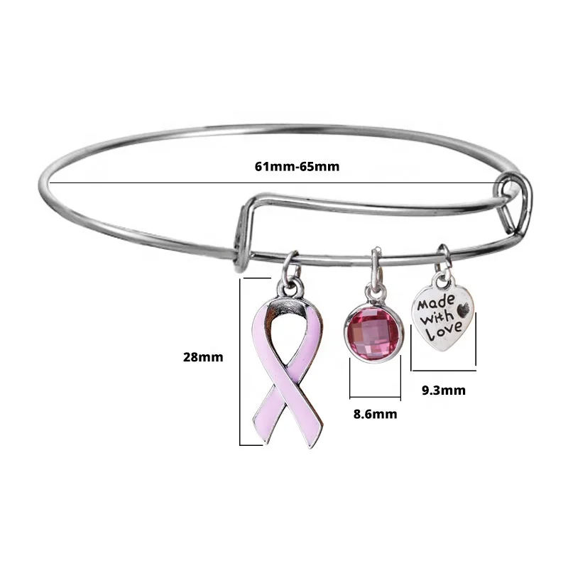 

Medical Breast Cancer Awareness Pink Ribbon Stone Bracelet With Charm, As picture