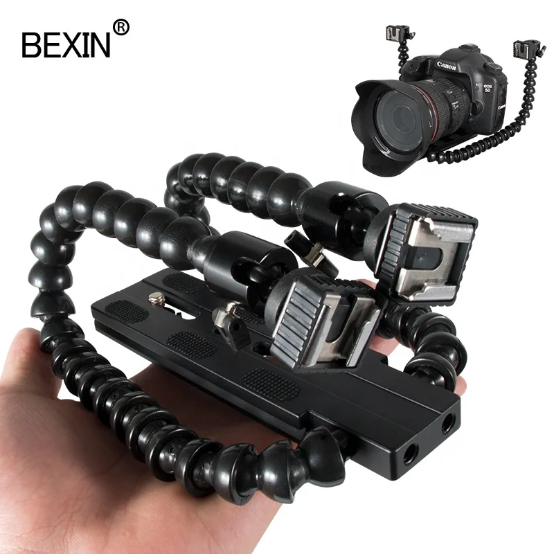 

BEXIN Flexible two arm stand Camera flash holder 1/4 hot shoe adapter flash holder with ball head for DSLR Photography Macro, Black