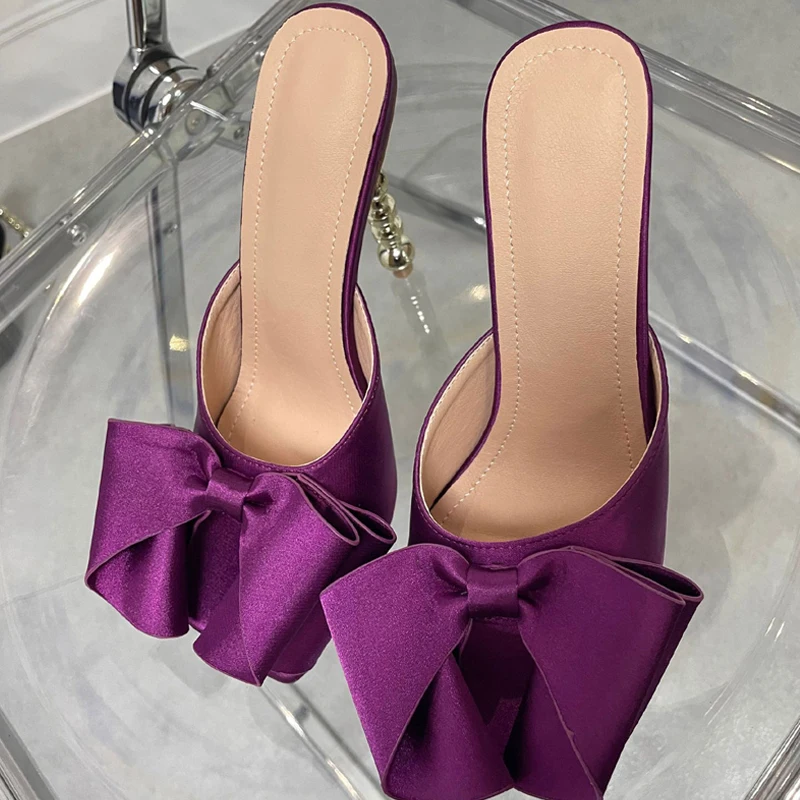 

Square Toe Slippers Women Fashion Silk Butterfly-knot 2022 Summer New Thin High Heels Ladies Office Work Slides Shoes