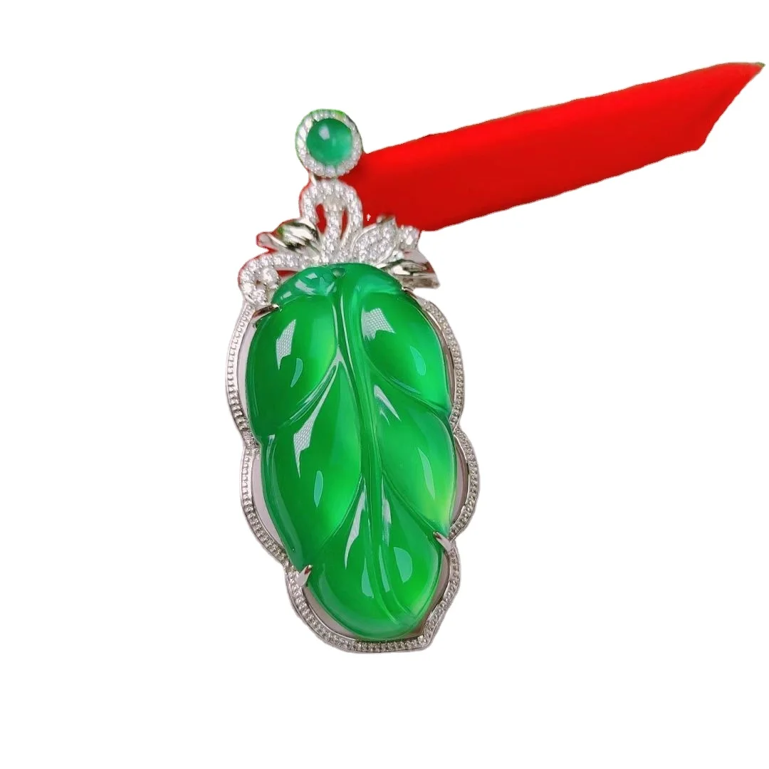 

925 Silver Rose Gold Inlaid Ice Green Chalcedony Leaf Pendant Agate Jade Gold Branch Jade Leaf Necklace