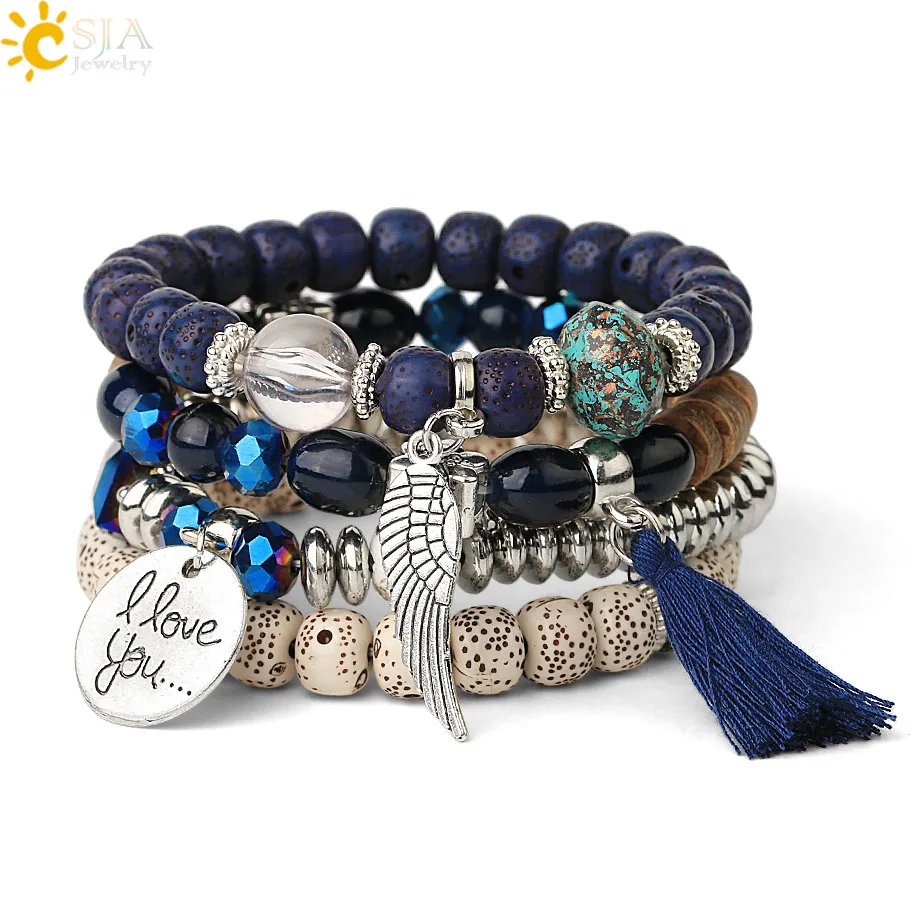 

CSJA newest handmade vintage bead tassel charm bohemia multi-layer bead bracelet 4pcs set G511