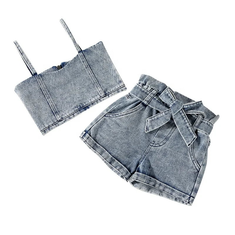 

2021 Kids Girls Clothes Baby Girl Summer Solid Color Strap Vest Tops Denim Shorts 2PCS Outfit Fashion Children Clothing Set
