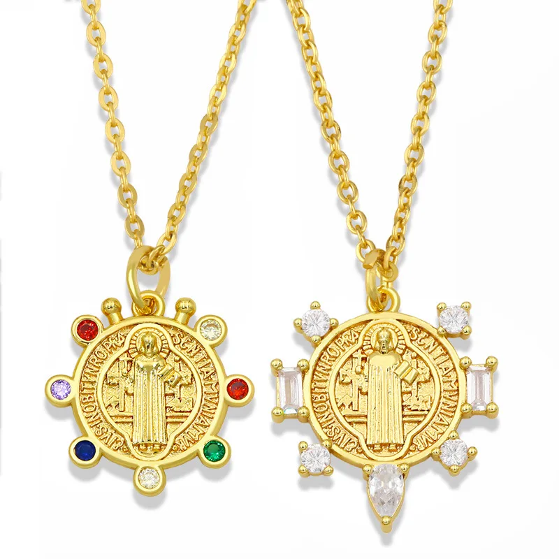 

European 18K Gold Plated Chain Virgin Mary Pendant Necklace Cubic Zircon Disc Circle Sweater Necklace