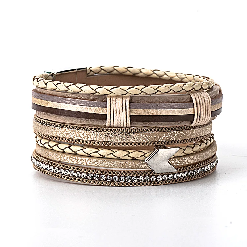 

Boho Stainless Steel Magnetic Buckle Leather Arrow Bracelet Multi Layers Crystal Rhinestone Braided Leather Bracelet