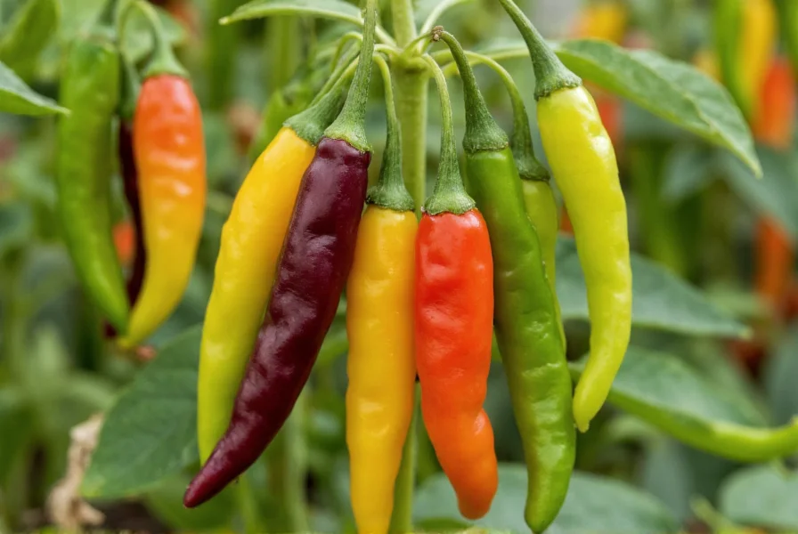 Close-up of California chili pods on plant showing color variation