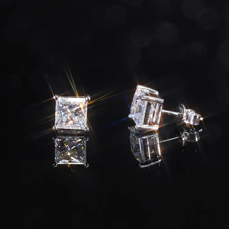 

Fashion stud earrings for women sterling silver bling shine princess moissanite earrings gold plated square moissanite jewelry