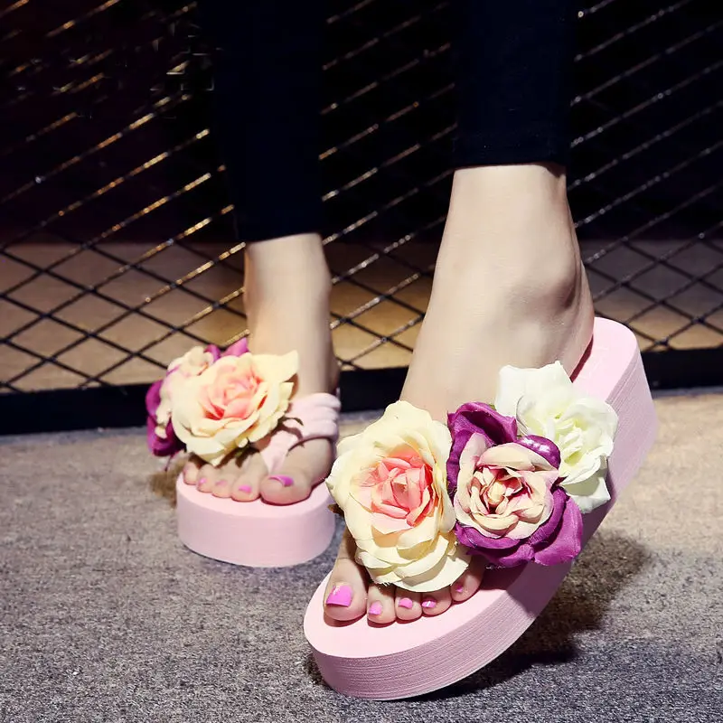 

hot sale Women flower slippers beautiful flat high heel slipper summer sandals for ladies, Picture