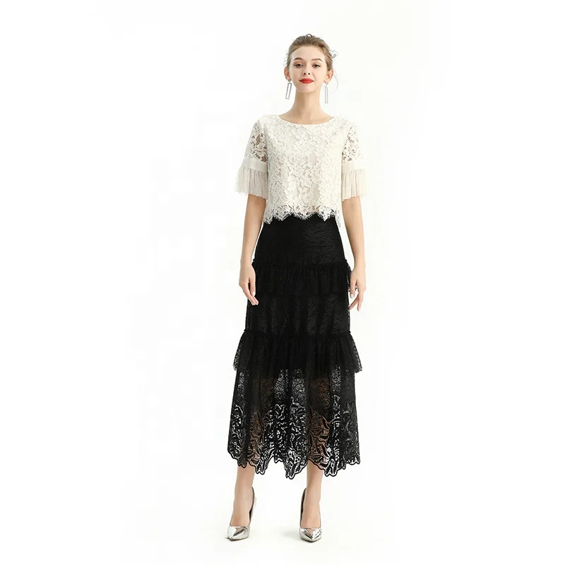 

S167 Summer Autumn Fall High Quality Fashion Elegant floral mixed lace with sequins embroide floral ruffle Women Girl Skirts