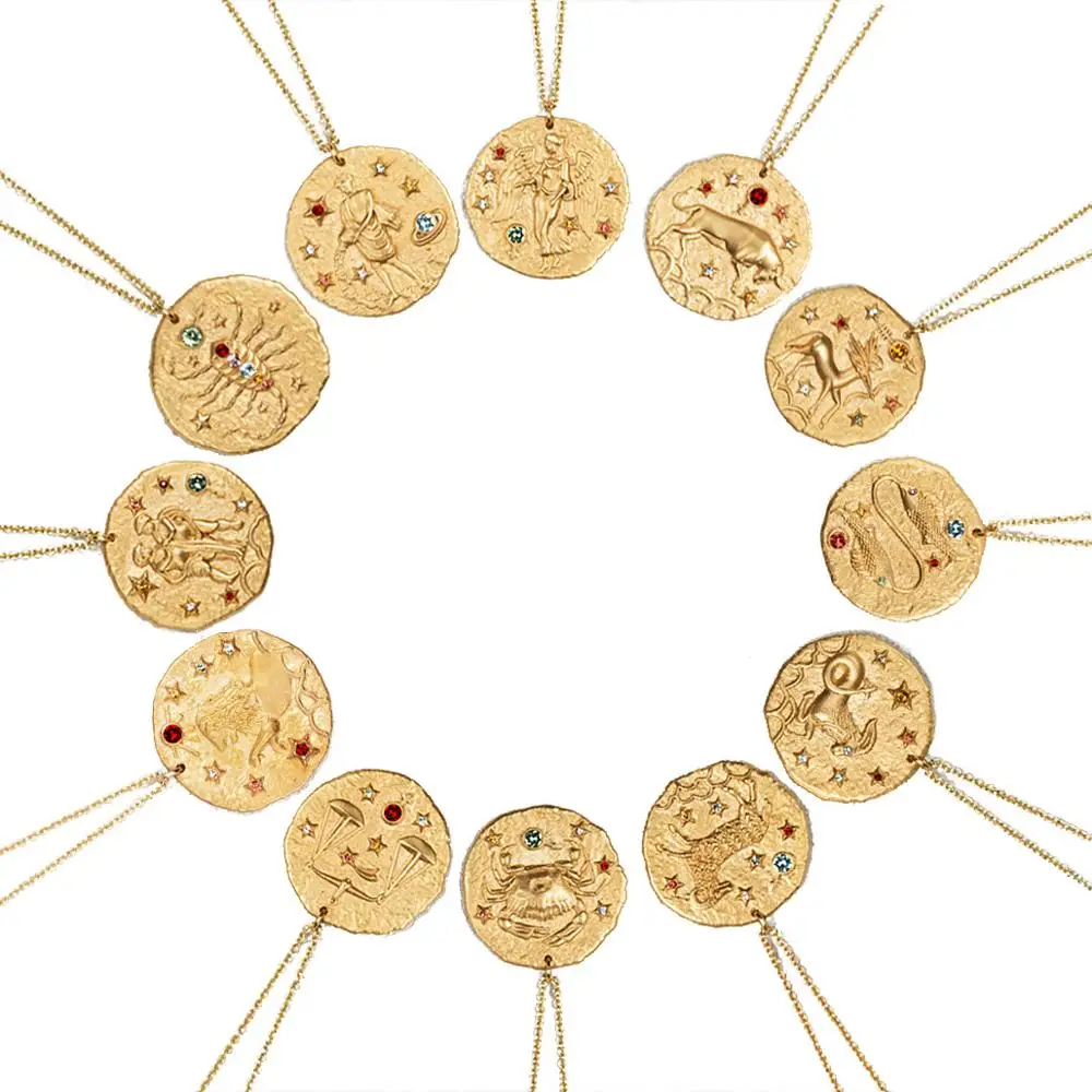 

Modalen Copper Rhinestone Statement Circle Charm Zodiac Necklace, Yellow gold