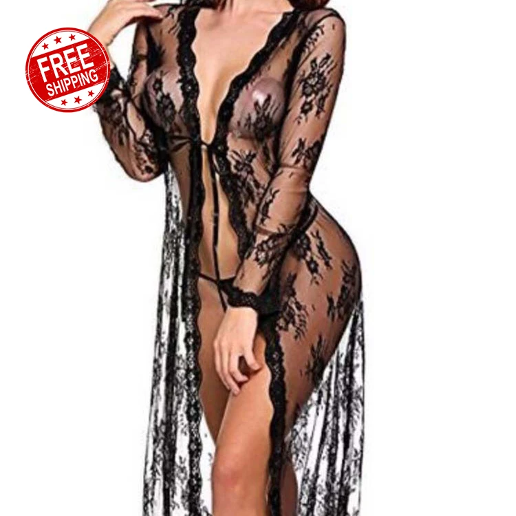 

New 2022 Women's Sexy Lace Sleeping Wear Transparent Nightgown Lingerie Long Sleeve V-neck Plus Size Lingerie Robes