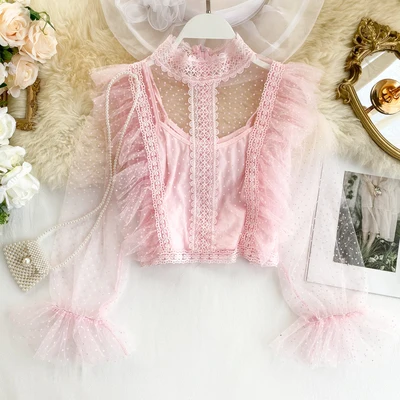 

New arrivals women fashion gauze lace transparent short blouse tops