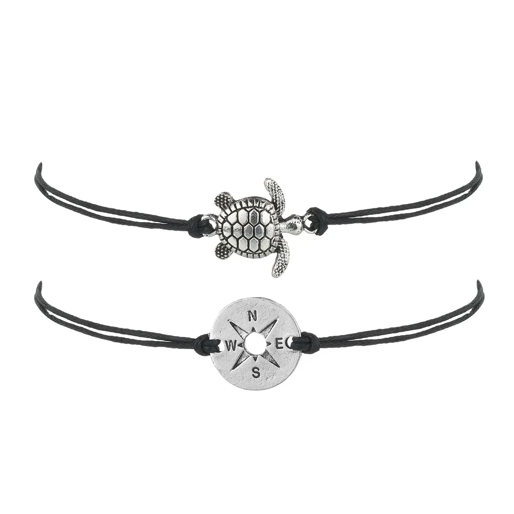

Custom Boho Simple Design Vintage Silver Compass Charm Bracelet Anklet  Wax String Turtle Bracelet, As pictures