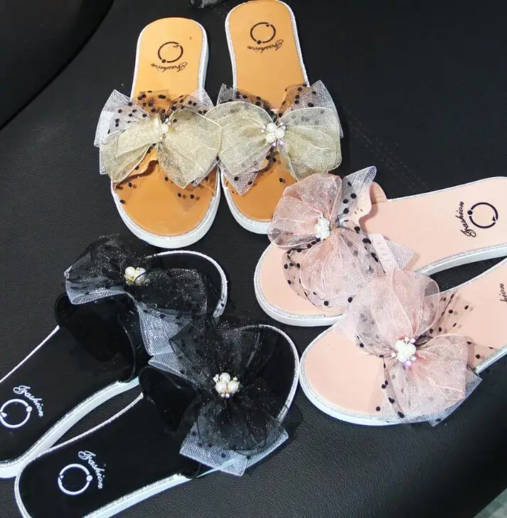 

2020091448 Lace Bowknot Flat Slipper Girl Pearl Leather Beach Slipper