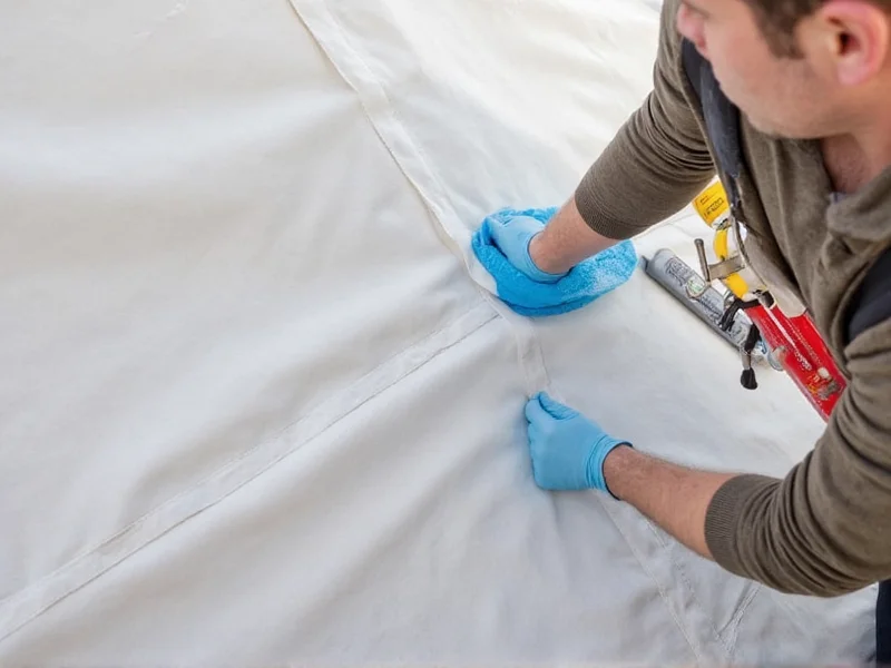 Close-up of waterproofed camper seams with butyl tape application