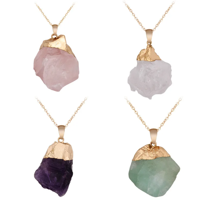 

Gold Plated Raw Irregular Geode Purple Natural Stone Amethyst Aura Crystal Raw Quartz Pendant Necklace For Girl Women