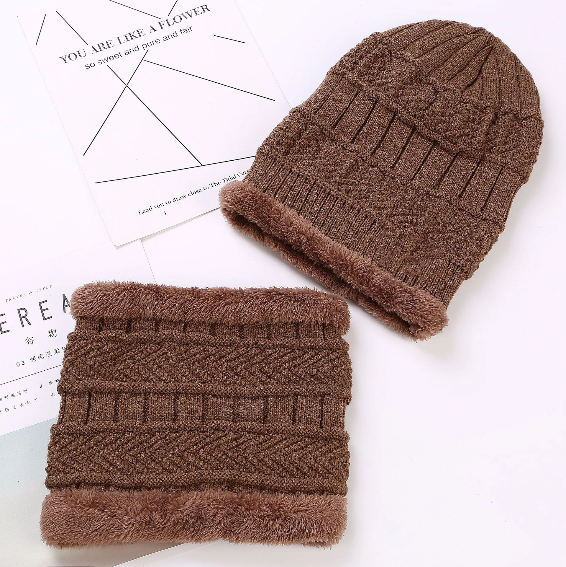 Winter Knitted Hat Scarf Set Warm Thicken Fleece Men Beanie Hat Scarf Set Solid Knit Windproof Outdoor Ski Cap Ring Scarf