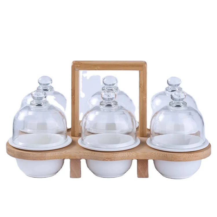 

Lanfengye Ceramic Bowl Wooden Bamboo Tray for Party Ceramic Snack Bowl Set Fruit Bowl Tray, White, black, green, pink