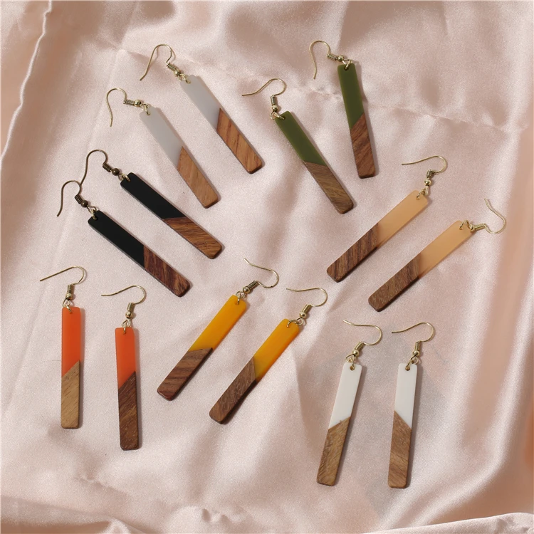 

Personality Long Geometric Earrings Rectangle Wooden Leather Combination Earrings, Picture shows