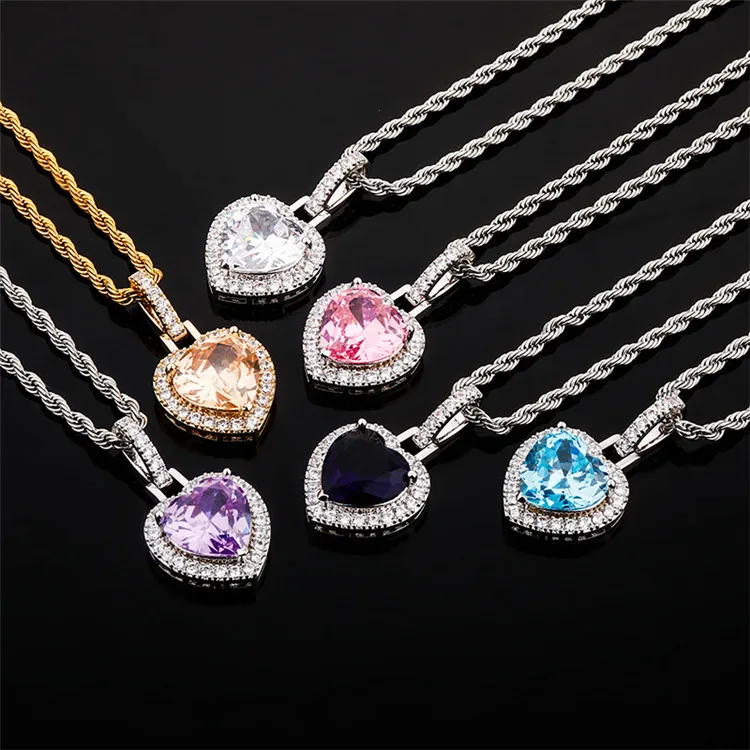 

Jewelry Large Colored Gemstone Love Pendant Real Gold Electroplating Hip-Hop Necklace Accessories Bling Women Necklace, Picture shows