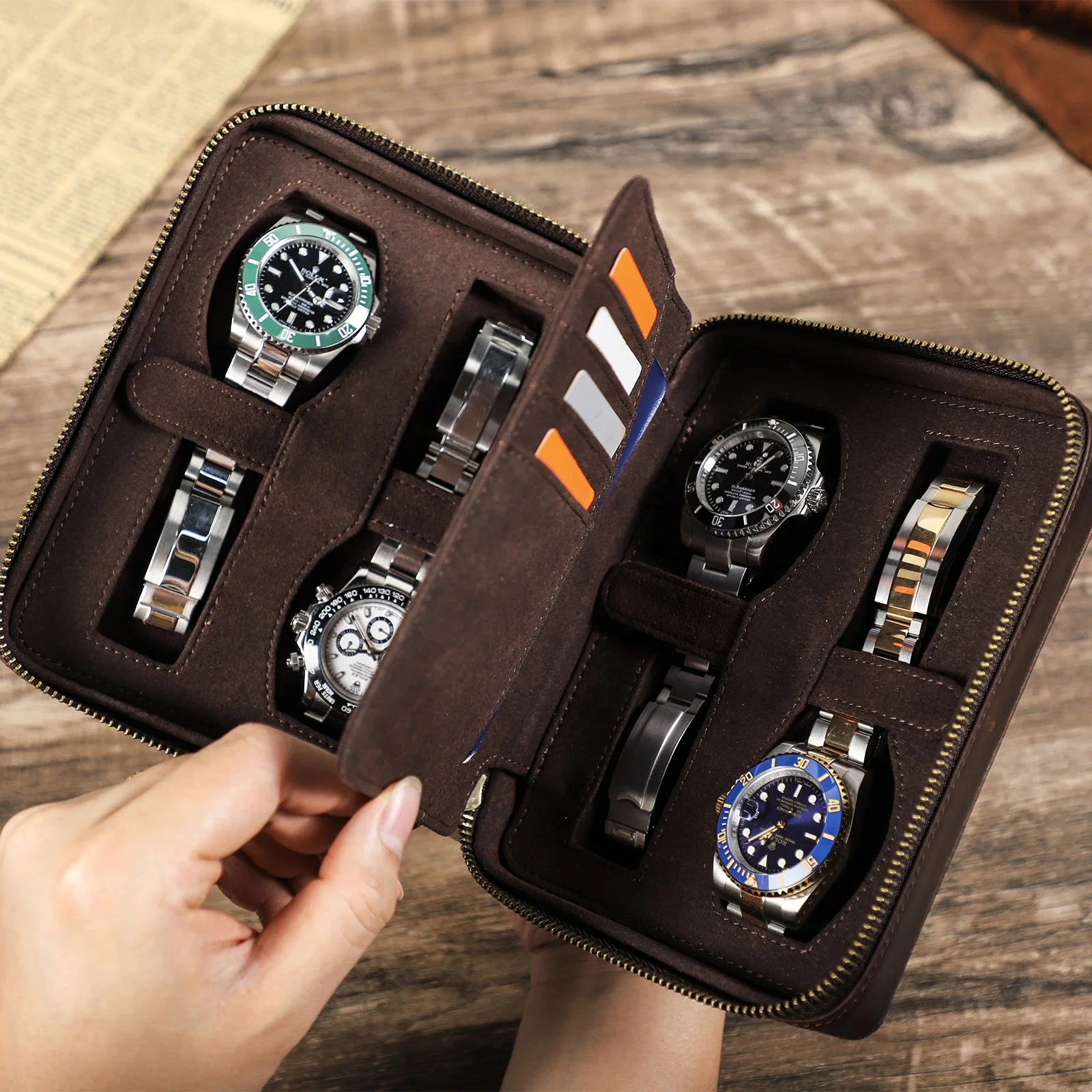 Luxury Rectangular Design Outdoor Watch Travel Case Organizer Handmade Genuine 4 Watch Box Organizer with Card Passport Holder