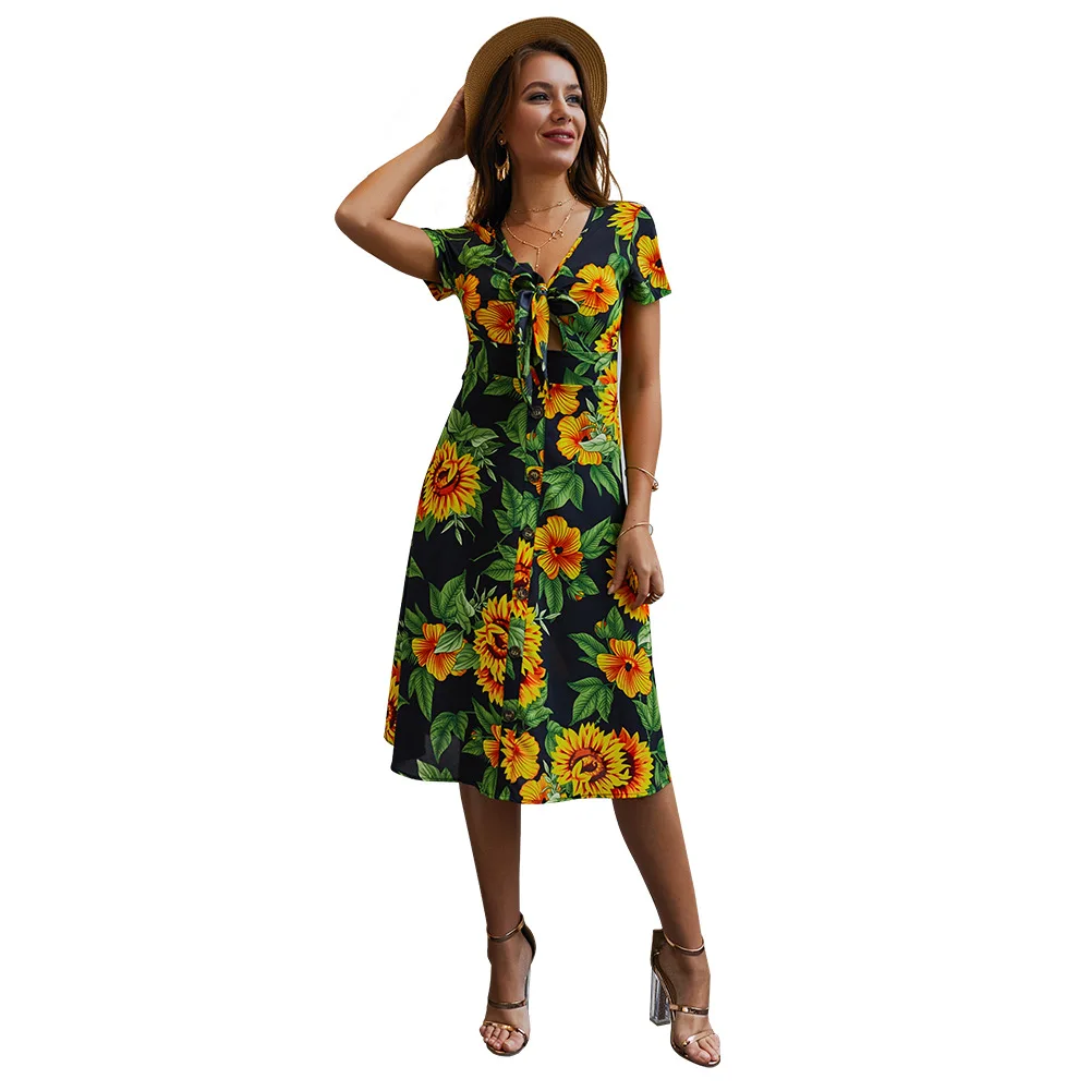 

QC3132 Trendy yellow flower print floral long maxi dresses for women lady casual clothing vestidos sundress