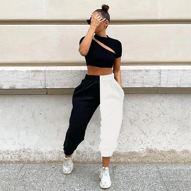 

Summer loose looking thin hip-hop black and white stitching high waist casual pants women