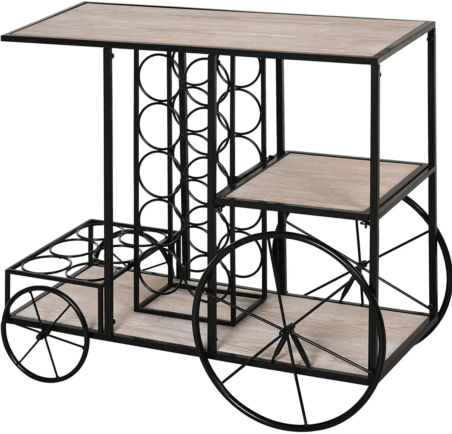 

16-Bottle Mobile Bar Cart with Wine Rack Storage Featuring an Elegant Design & Three Shelves for Storage/Display, Rustic