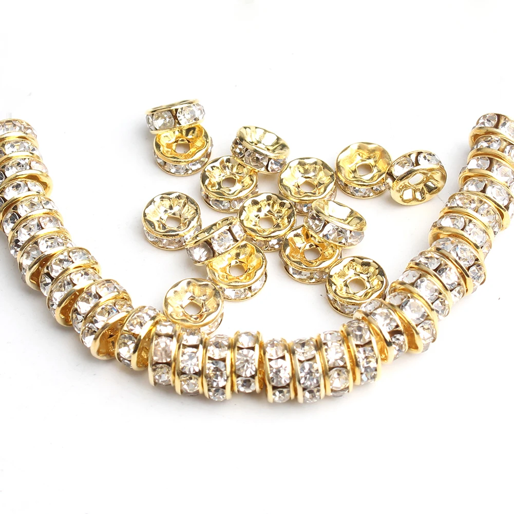 

100pcs/bag 4/6/8mm Metal Gold Crystal Rhinestone Rondelle Spacer Loose Beads DIY Jewelry Making