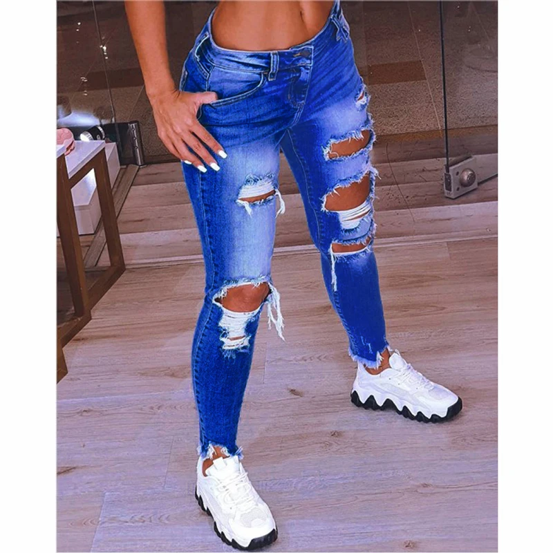 

2021 Fashion New Trend Plus Size Breathable Mid Waist Women Stretch Denim Skinny Ripped Jeans woman, As pictures