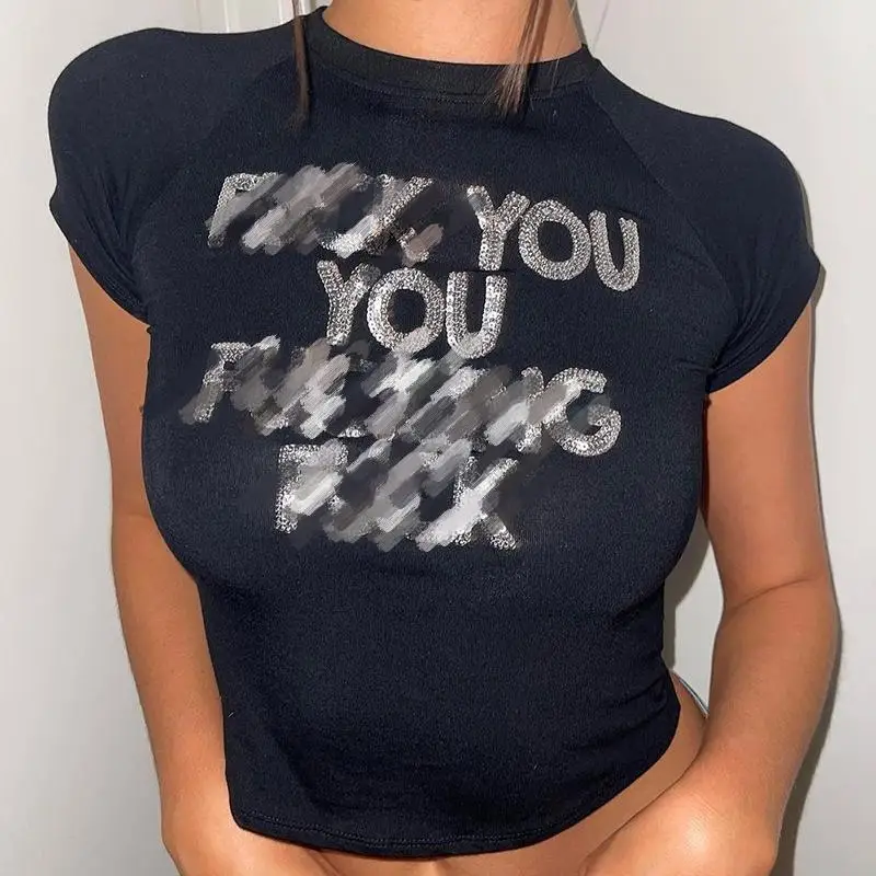 

2022 Summer New Arrival Casual Sequins Letter Graphic Printed Bodycon Short Sleeve Crop Top Women T Shirt Ladies Tops, Picture shown