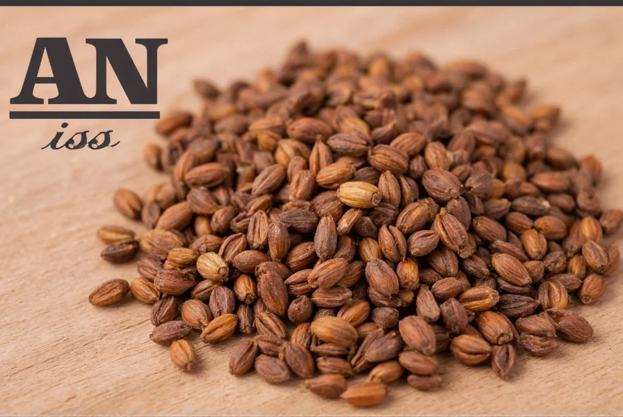 Close-up of anise seeds on wooden background with phonetic pronunciation guide AN-iss displayed