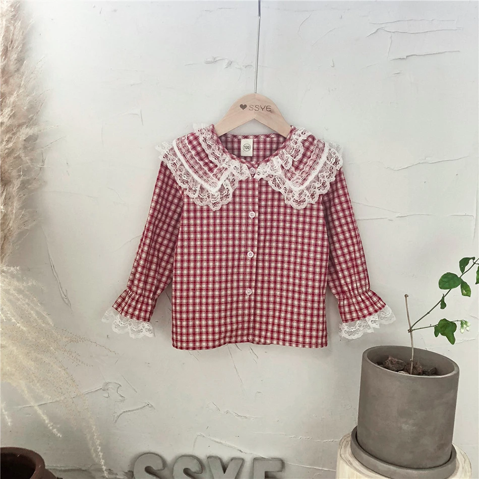 

Little girl foreign style checked shirt spring 2021 new shirt lace big lapel princess Korean edition shirt for age 1-5 years, Picture