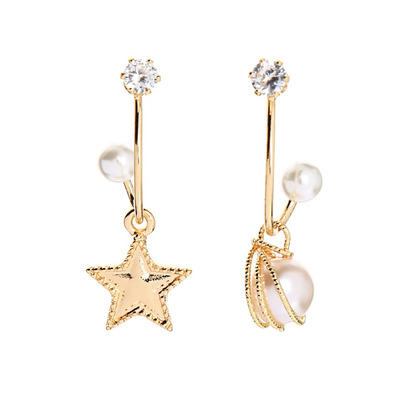 

de980194 Korean Style Gorgeous Fairy Cubic Zircon Pearl Jewelry Gold Star Dangle Women Fashion Mismatched Pendant Earrings