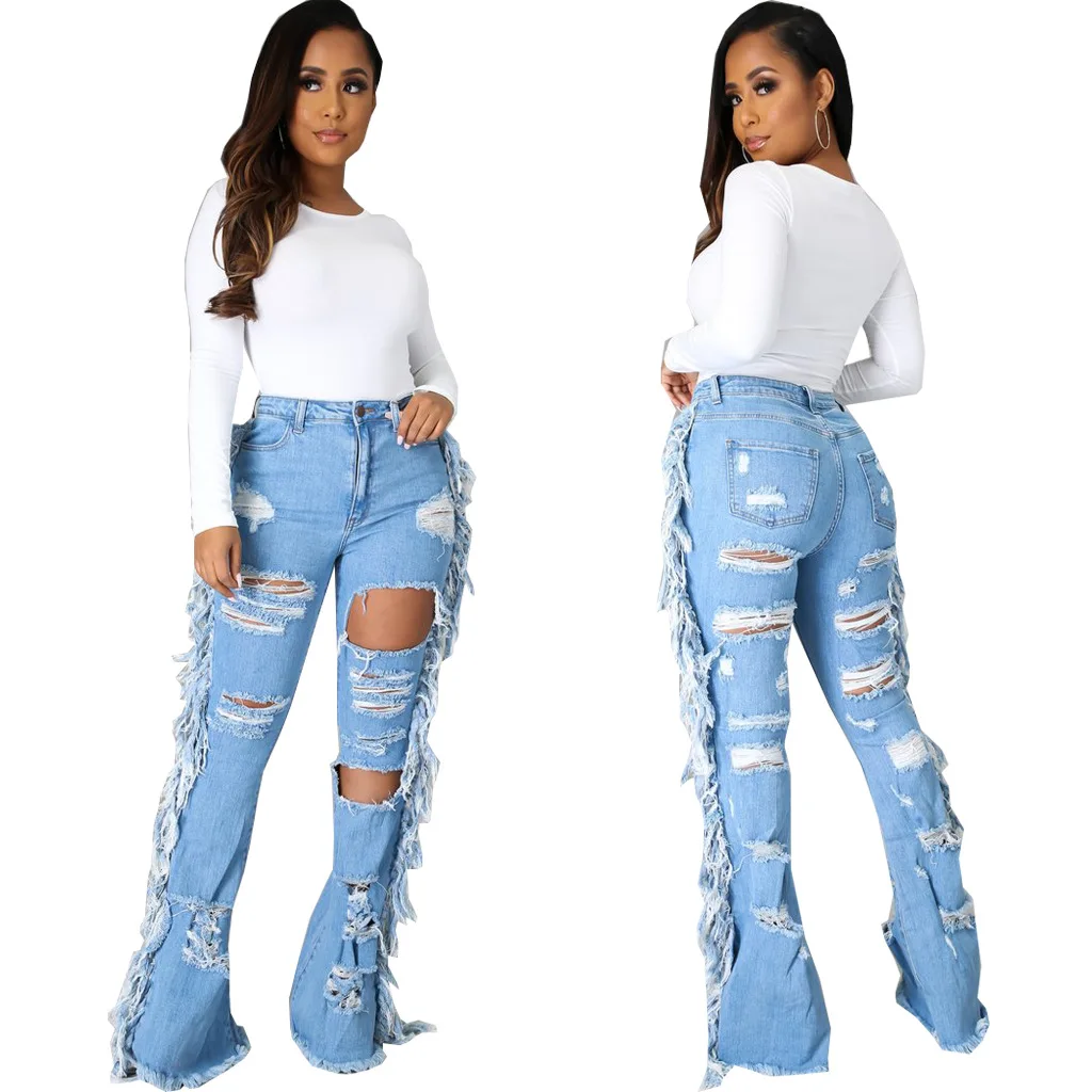 

PSPJ2018 Good Quality Plus Size Female Ripped Distressed Fringe Denim Jeans Pants Women, As show