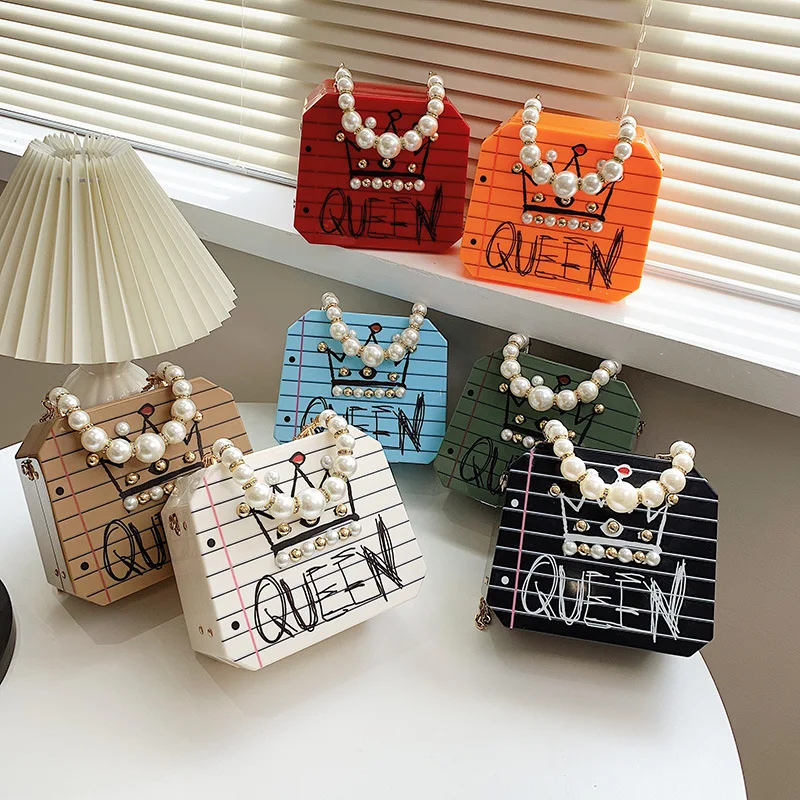 

Acrylic Crown Pattern Box Party Clutch Bag Fashion Pearl Handle Shoulder Chain Purse Crossbody Handbags for Women, 7colors