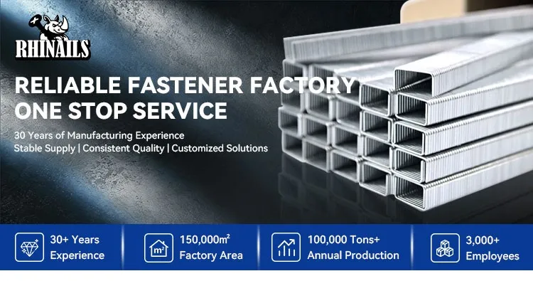 Rhinails reliable fastener factory in China with 150,000 sqm factory area and 100,000 tons annual production, one stop service for staples, brad nails, coil nails and screws