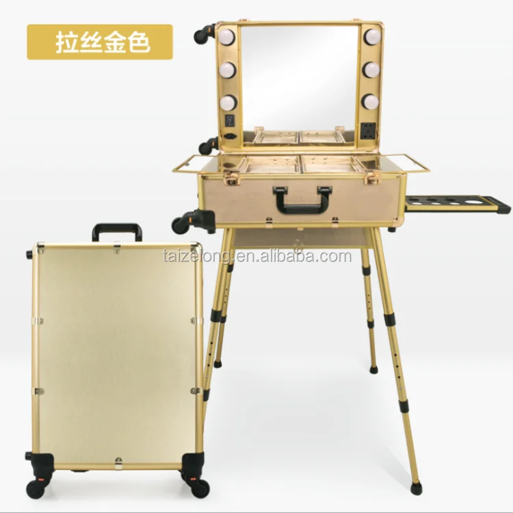 Custom aluminum travel cosmetic suitcase with lights vanity box beauty mirror professional trolley makeup case